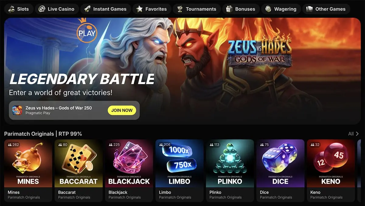 Parimatch game lobby Canada — CAD balance and slots grid while logged in