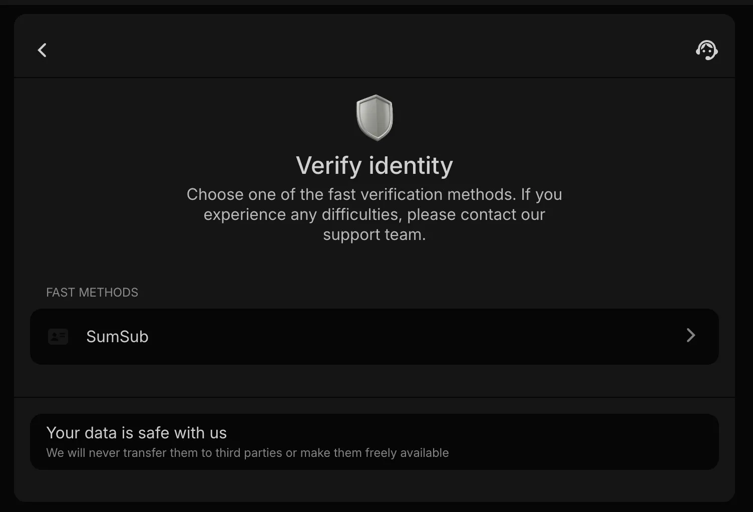 Parimatch Verify Identity panel — SumSub selected