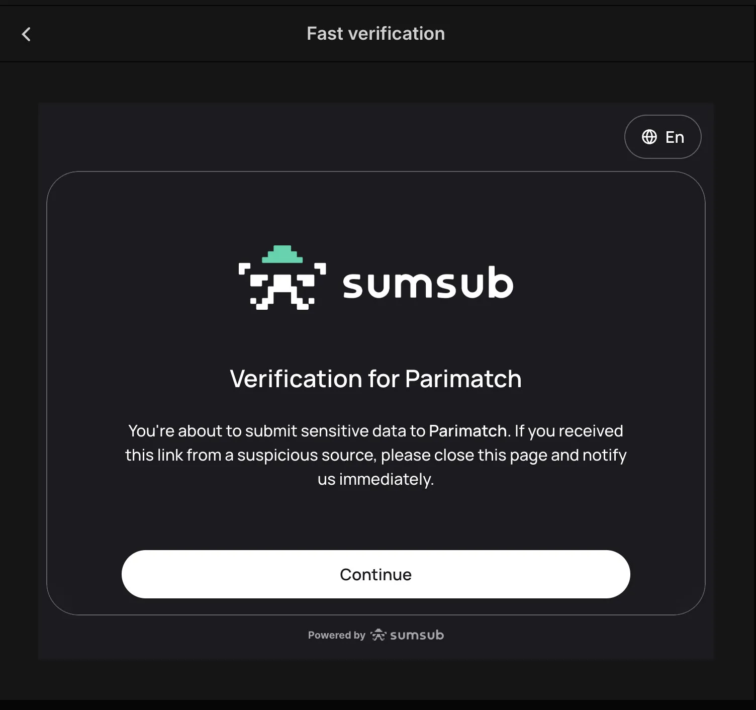 SumSub Fast Verification welcome screen for Parimatch