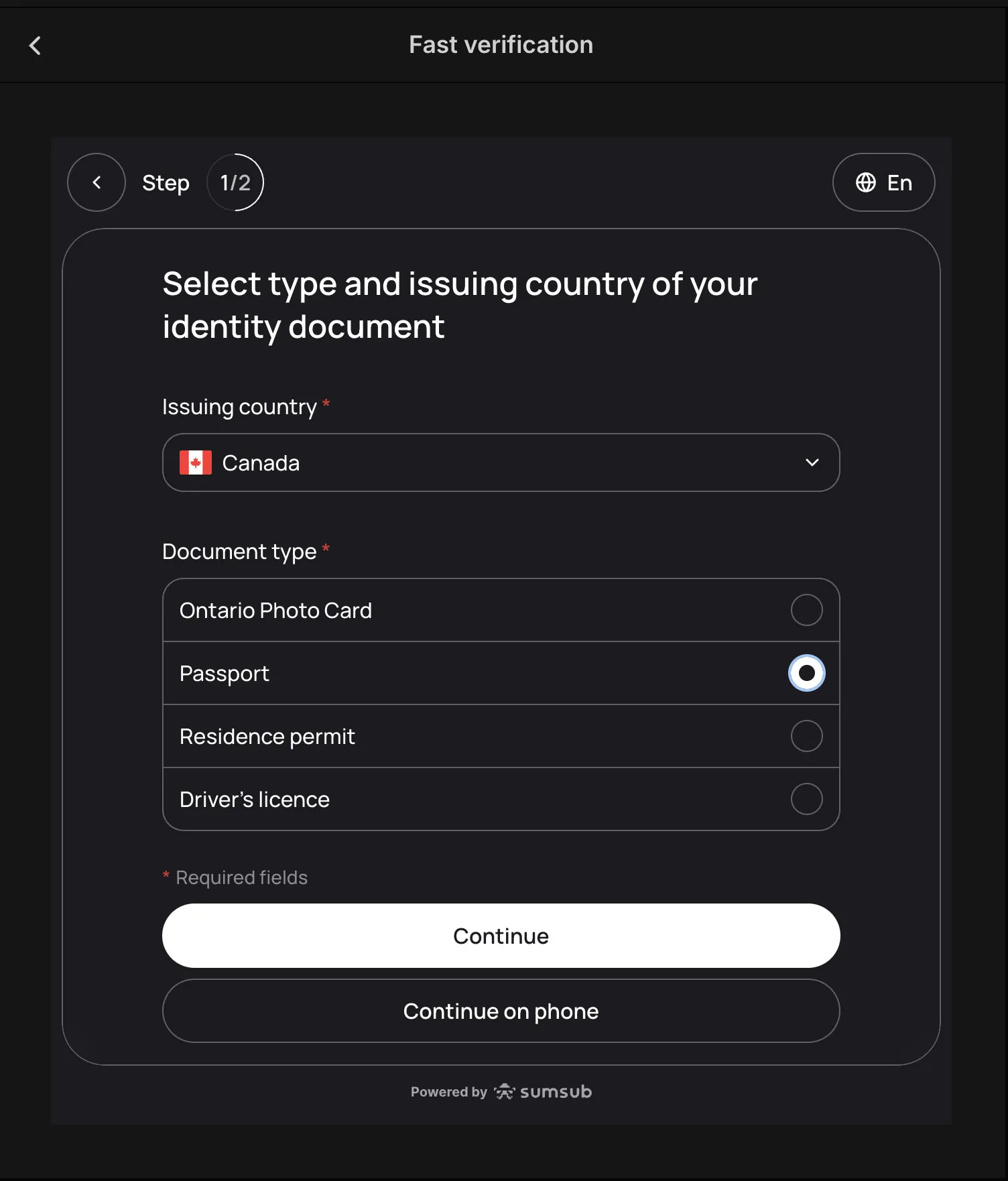 Select issuing country and document type in SumSub