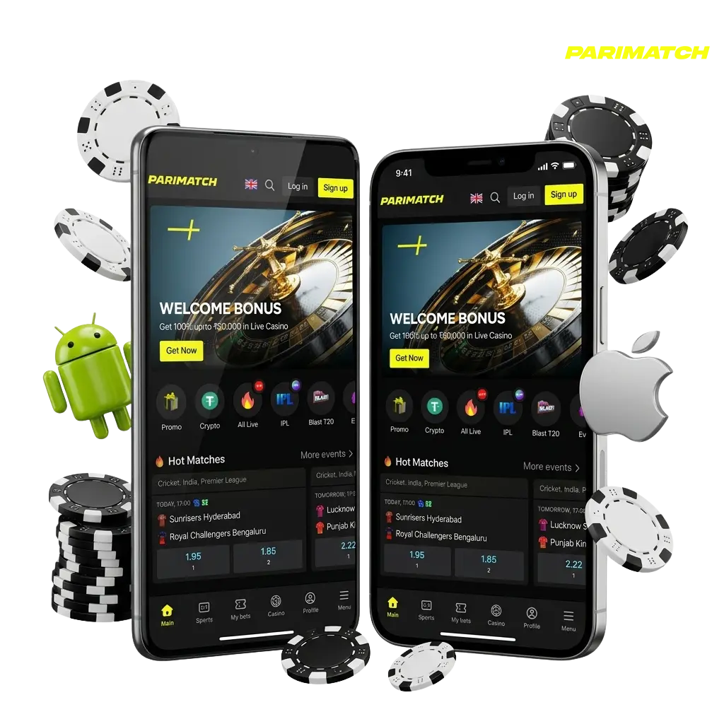 Parimatch mobile casino lobby — slots grid in portrait mode