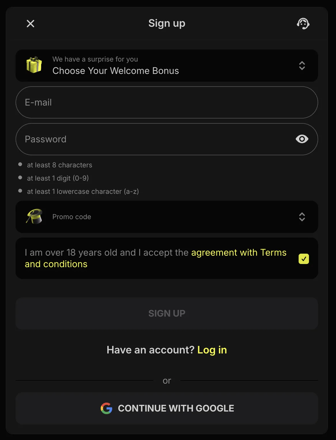 Parimatch desktop registration form Canada — email, password and CAD currency fields