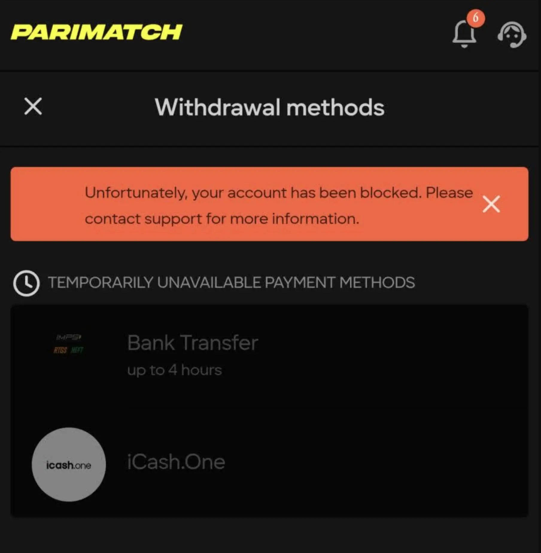 Parimatch cashier withdrawal pending status screenshot